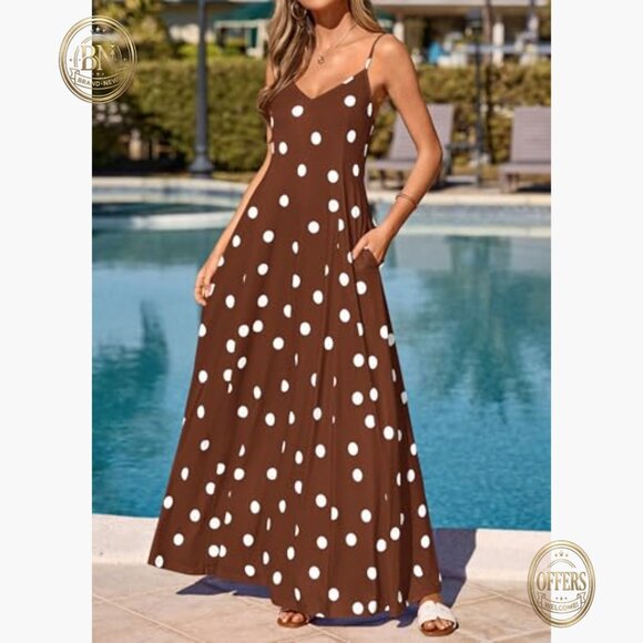 Polka Dot Maxi Dress with Adjustable Spaghetti Straps and Side Pockets - Picture 4 of 7